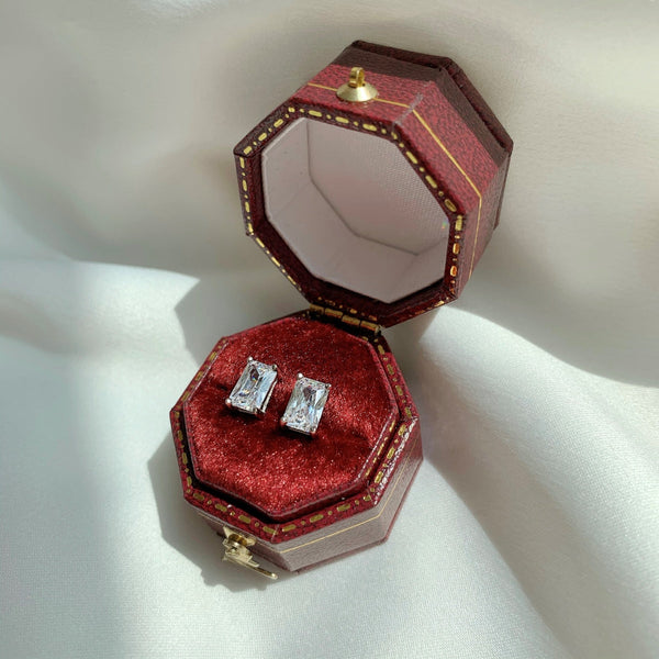 [Clover Jewelrys]Pendientes de botón con piedra central rectangular brillante y elegante