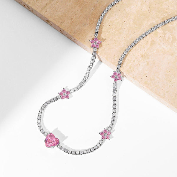 [Clover Jewelrys]Collar de flor y corazón rosa deslumbrante