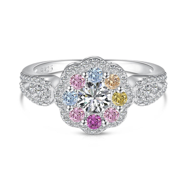 [Clover Jewelrys]Anillo de Boda Delgado con Forma de Flor y Corte Redondo de Colores
