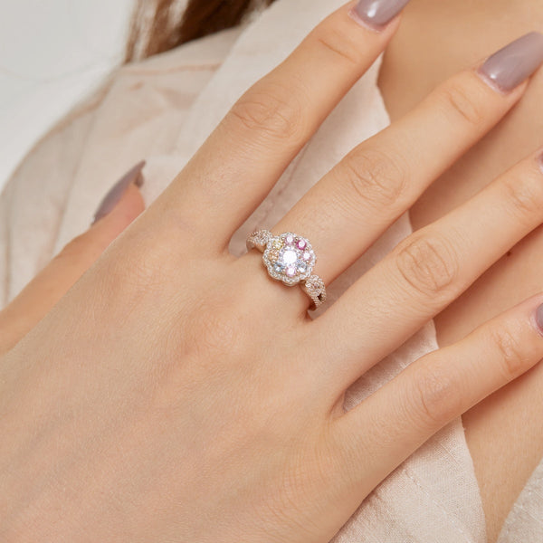 [Clover Jewelrys]Anillo de Boda Delgado con Forma de Flor y Corte Redondo de Colores