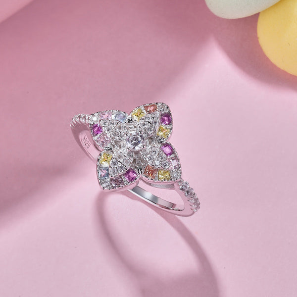 [Clover Jewelrys]Anillo de Banquete Lujoso con Forma de Flor Colorida