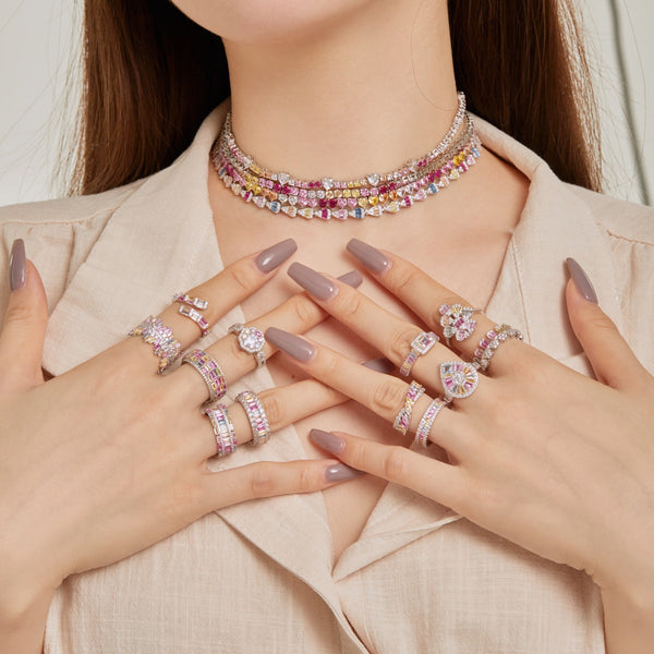 [Clover Jewelrys]Collar de tenis con forma de corazón completo brillante y colorido