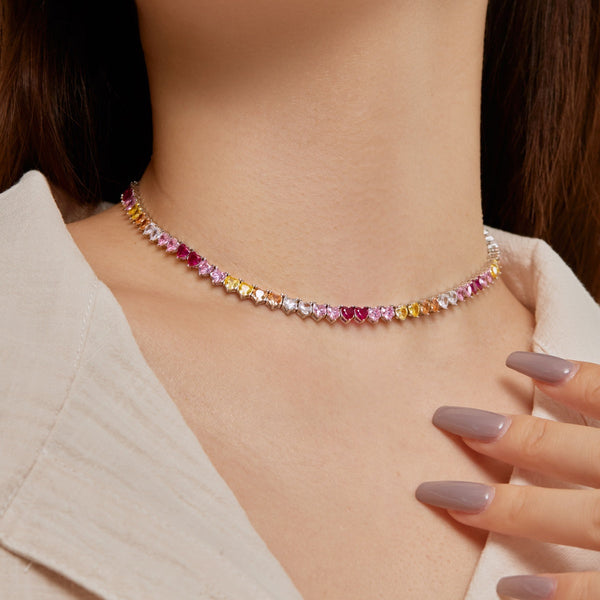 [Clover Jewelrys]Collar de tenis con forma de corazón completo brillante y colorido