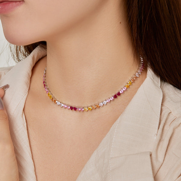[Clover Jewelrys]Collar de tenis con forma de corazón completo brillante y colorido