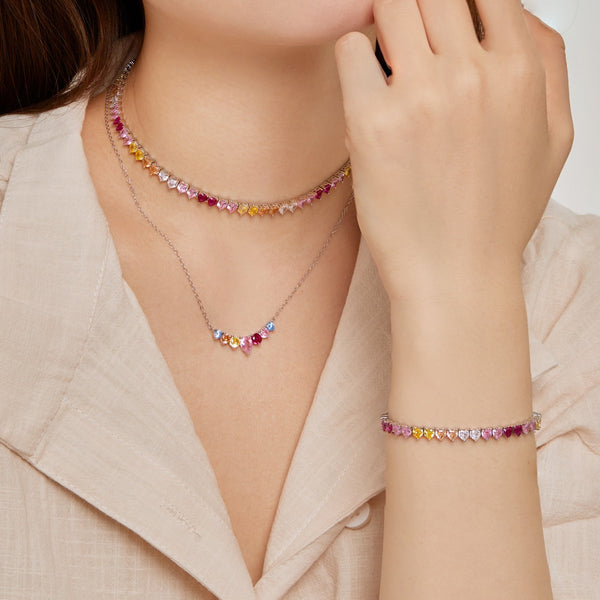 [Clover Jewelrys]Collar de tenis con forma de corazón completo brillante y colorido