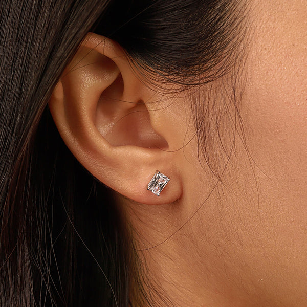 [Clover Jewelrys]Pendientes de botón con piedra central rectangular brillante y elegante