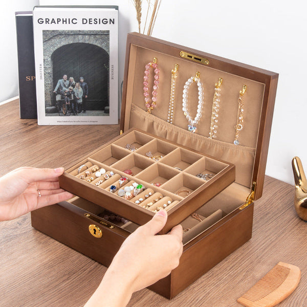 CAJA DE ALMACENAMIENTO DE JOYAS RETRO DE MADERA MACIZA CON CERRADURA