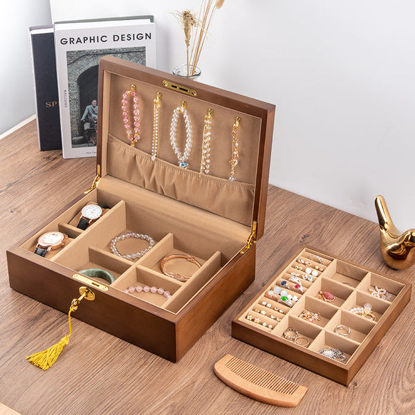 CAJA DE ALMACENAMIENTO DE JOYAS RETRO DE MADERA MACIZA CON CERRADURA