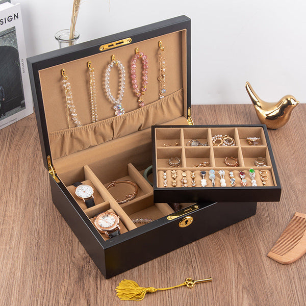 CAJA DE ALMACENAMIENTO DE JOYAS RETRO DE MADERA MACIZA CON CERRADURA