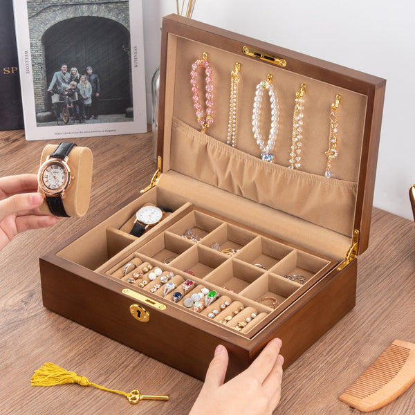 CAJA DE ALMACENAMIENTO DE JOYAS RETRO DE MADERA MACIZA CON CERRADURA
