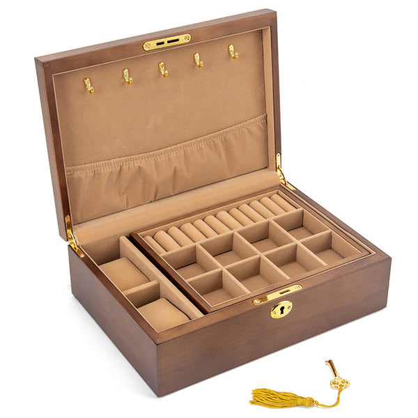 CAJA DE ALMACENAMIENTO DE JOYAS RETRO DE MADERA MACIZA CON CERRADURA