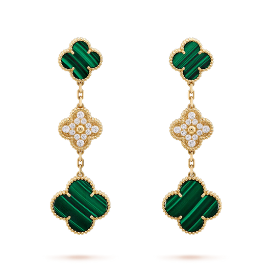 [Kincade Jewelrys]CLOVER EARRINGS GOLD MALACHITE DIAMOND 3 MOTIF